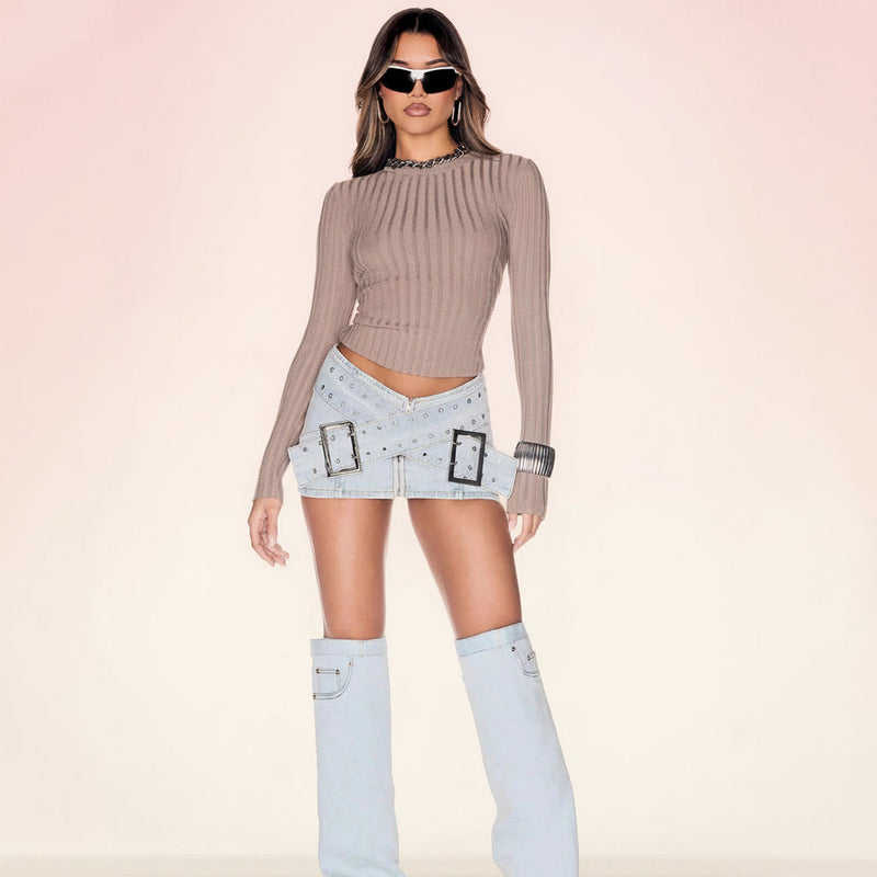 Women's Light Blue Denim Mini Skirt – Bodycon Cross-Over Buckle Design