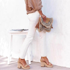 Women's Straight Leg Ankle-Length Raw Hem Denim Pants – Casual High-Waist Jeans