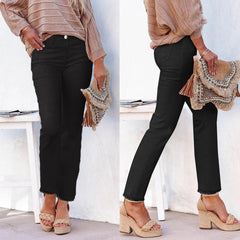 Women's Straight Leg Ankle-Length Raw Hem Denim Pants – Casual High-Waist Jeans