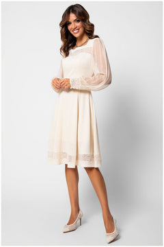Jody Lace A-Line Dress in Ivory | Ivory Lace Midi Dress with Sheer Sleeves | Luna Fashion House