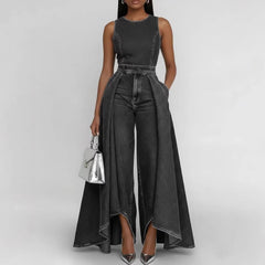 Women’s Crew Neck Sleeveless Wide-Leg Denim Jumpsuit