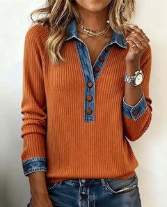 Denim Collar Patchwork Pullover Knitwear Top – Women’s Street Style